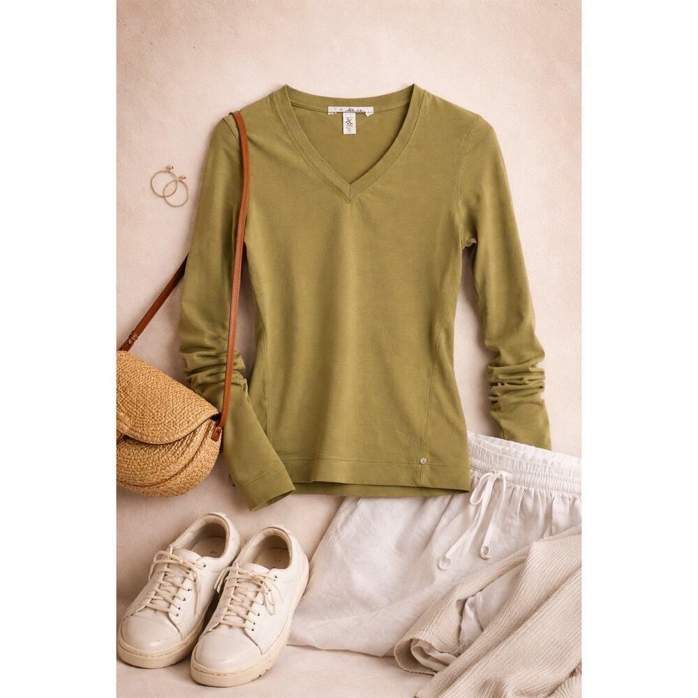 Neon Buddha Olive Green V Neck Top XS Minimalist Fitted Long Sleeve Stretch
